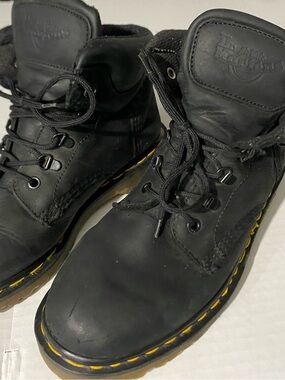 Dr. Martens Black Leather Lace-Up Ankle Boots with Yellow Stitching
